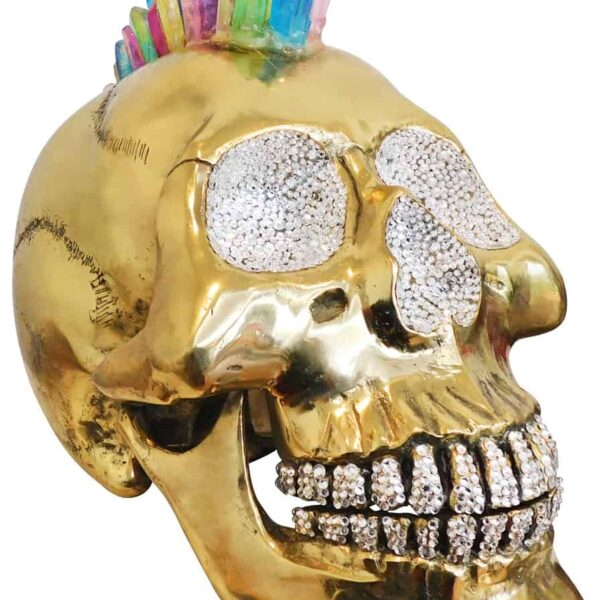 Brass Skull Art Sculpture with Crystal and Quartz Stone - Rainbow Mohawk