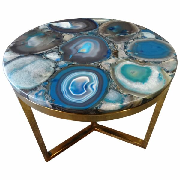 Azzure Teal Blue Agate Nestling Table with Gold Metal Frame
