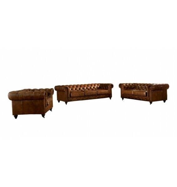 Winston Three Seat Classic Vintage Leather Chesterfield Lounge - Camel Brown