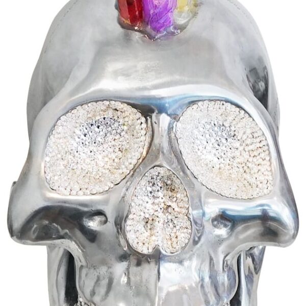 Aluminium Skull Art Sculpture with Crystal and Quartz Stone - Rainbow Mohawk