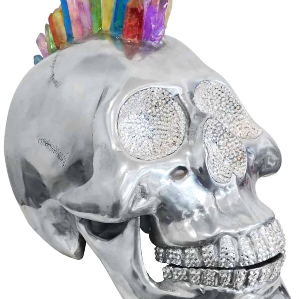 Aluminium Skull Art Sculpture with Crystal and Quartz Stone - Rainbow Mohawk