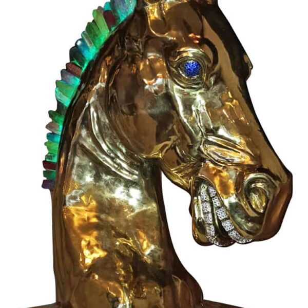 Calu Brass Horse Sculpture with Crystal and Quartz Stone