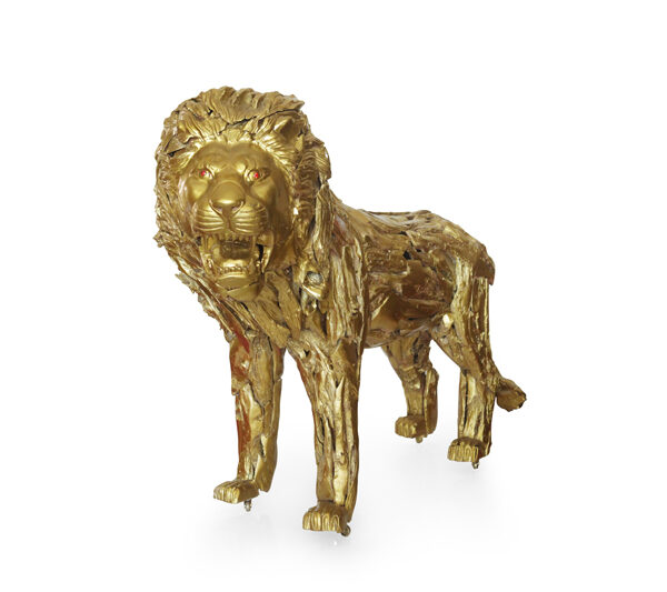 Gold Teak Root Standing Lion Sculpture